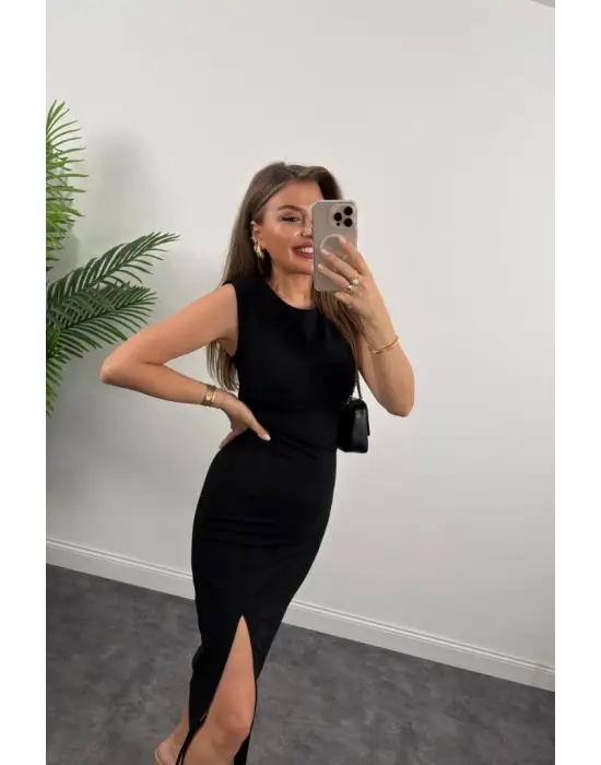 Kadın Askılı Kolsuz Belden Büzgülü Yırtmaçlı Midi Janjan Krep Elbise