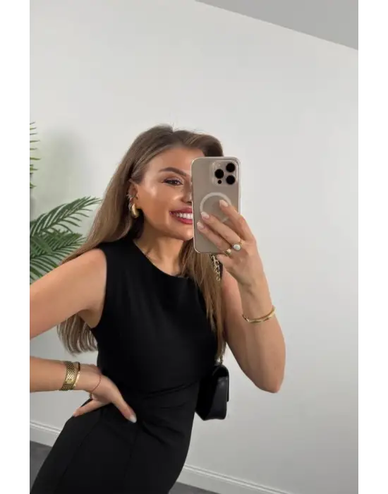 Kadın Askılı Kolsuz Belden Büzgülü Yırtmaçlı Midi Janjan Krep Elbise