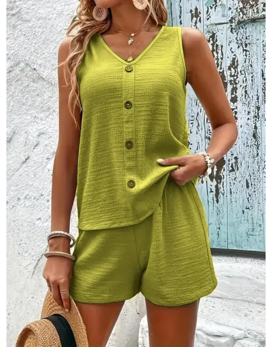 Kadın Askılı Kolsuz V Yakalı önden Düğmeli Bürümcük Bluz Ve Short Ikili Takım