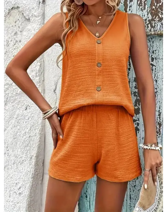 Kadın Askılı Kolsuz V Yakalı önden Düğmeli Bürümcük Bluz Ve Short Ikili Takım