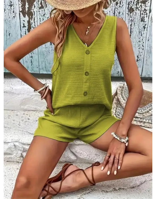 Kadın Askılı Kolsuz V Yakalı önden Düğmeli Bürümcük Bluz Ve Short Ikili Takım