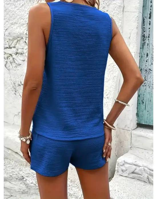 Kadın Askılı Kolsuz V Yakalı önden Düğmeli Bürümcük Bluz Ve Short Ikili Takım