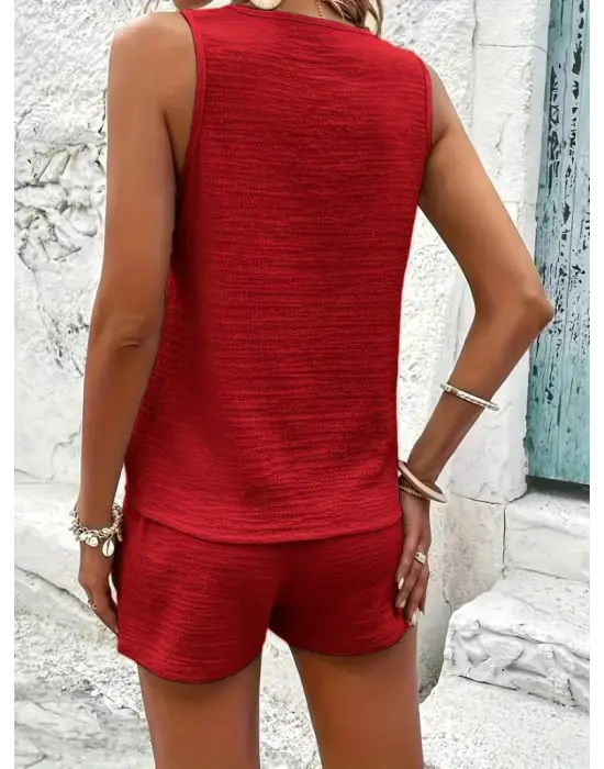 Kadın Askılı Kolsuz V Yakalı önden Düğmeli Bürümcük Bluz Ve Short Ikili Takım