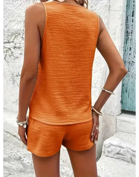 Kadın Askılı Kolsuz V Yakalı önden Düğmeli Bürümcük Bluz Ve Short Ikili Takım