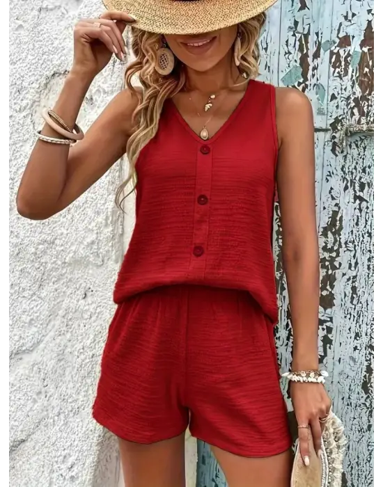Kadın Askılı Kolsuz V Yakalı önden Düğmeli Bürümcük Bluz Ve Short Ikili Takım
