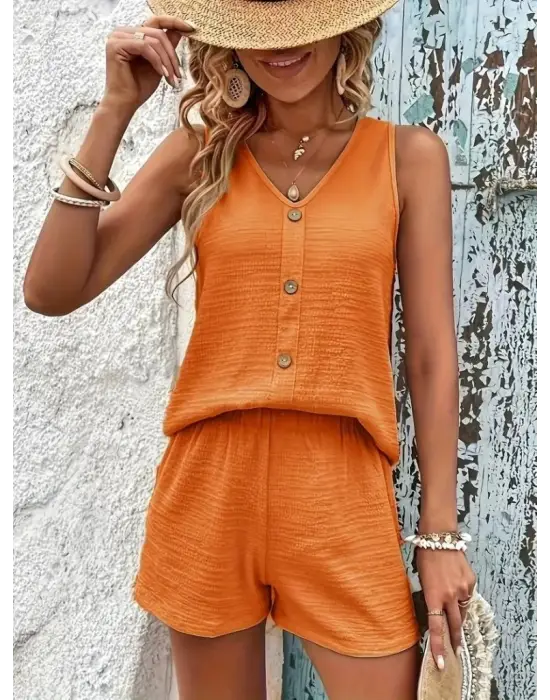 Kadın Askılı Kolsuz V Yakalı önden Düğmeli Bürümcük Bluz Ve Short Ikili Takım