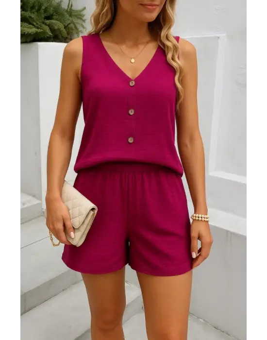 Kadın Askılı Kolsuz V Yakalı önden Düğmeli Bürümcük Bluz Ve Short Ikili Takım