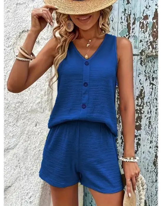 Kadın Askılı Kolsuz V Yakalı önden Düğmeli Bürümcük Bluz Ve Short Ikili Takım