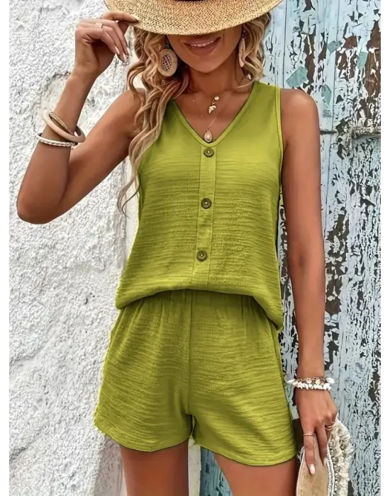 Kadın Askılı Kolsuz V Yakalı önden Düğmeli Bürümcük Bluz Ve Short Ikili Takım