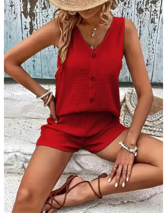 Kadın Askılı Kolsuz V Yakalı önden Düğmeli Bürümcük Bluz Ve Short Ikili Takım