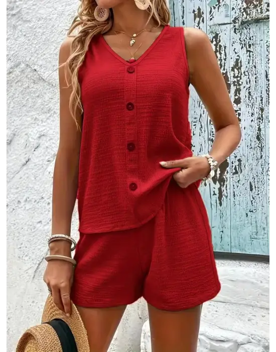 Kadın Askılı Kolsuz V Yakalı önden Düğmeli Bürümcük Bluz Ve Short Ikili Takım