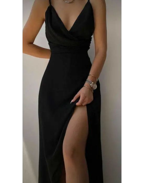 Kadın Askılı Kruvaze Yaka Derin Yırtmaçlı Krep Elbise