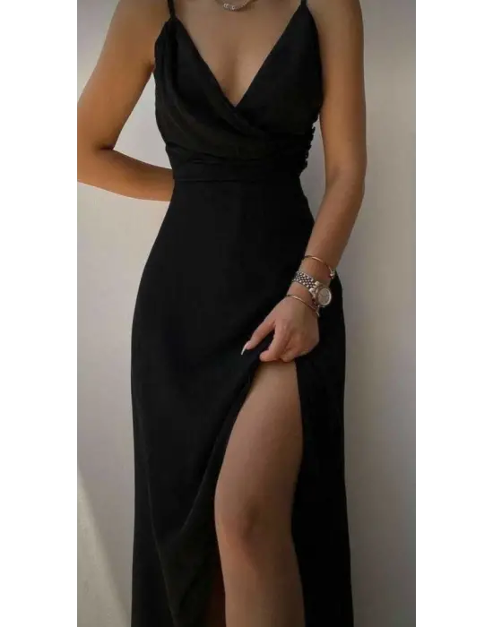 Kadın Askılı Kruvaze Yaka Derin Yırtmaçlı Krep Elbise