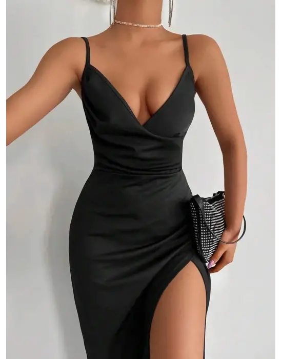 Kadın Askılı Kruvaze Yaka Derin Yırtmaçlı Krep Elbise