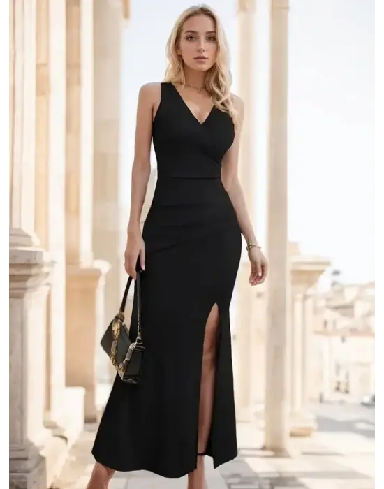 Omarı Yırtmaç Detaylı Kadın Kruvaze Yaka Elbise