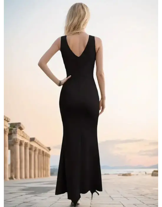 Omarı Yırtmaç Detaylı Kadın Kruvaze Yaka Elbise