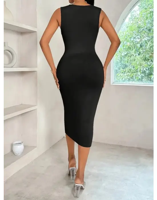 Kadın Askılı Kruvaze Yakalı Dalgıç Midi Elbise