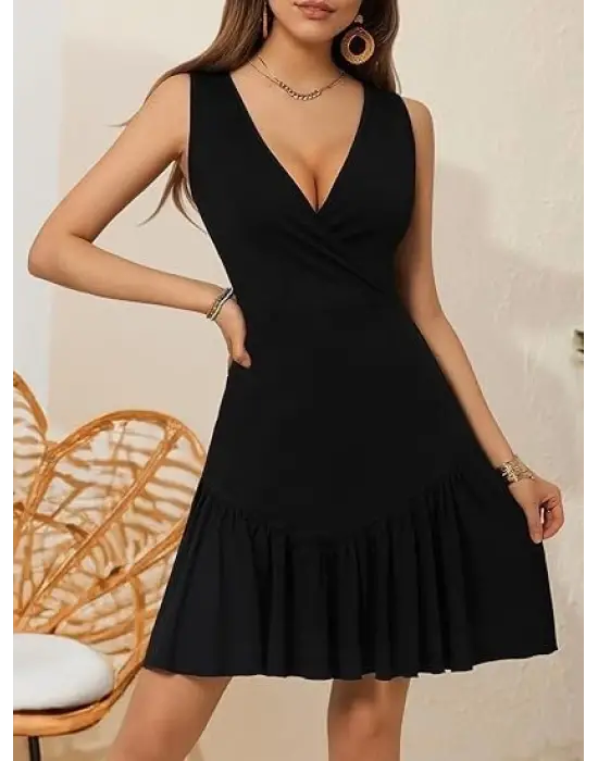 Kadın Askılı Kruvaze Yakalı Fırfırlı Janjan Krep Elbise