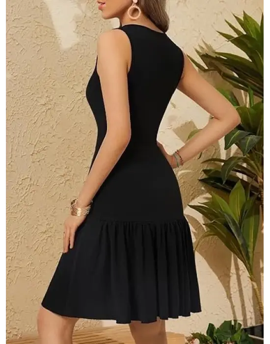 Kadın Askılı Kruvaze Yakalı Fırfırlı Janjan Krep Elbise