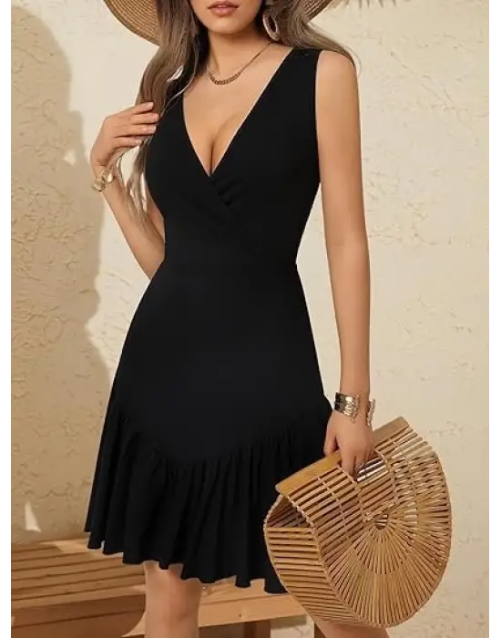 Omarı Fırfırlı Kruvaze Yakalı Kadın Elbise