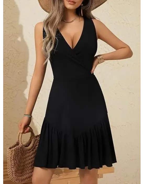 Omarı Fırfırlı Kruvaze Yakalı Kadın Elbise