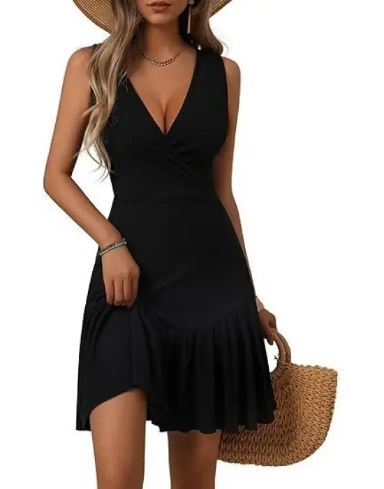 Kadın Askılı Kruvaze Yakalı Fırfırlı Janjan Krep Elbise