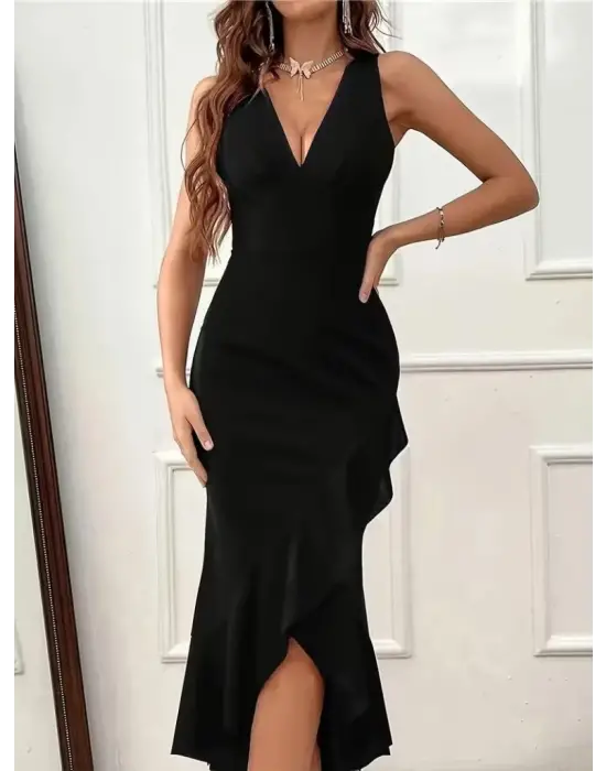 Kadın Askılı Kruvaze Yakalı önden Fırfırlı Uzun Ithal Krep Elbise