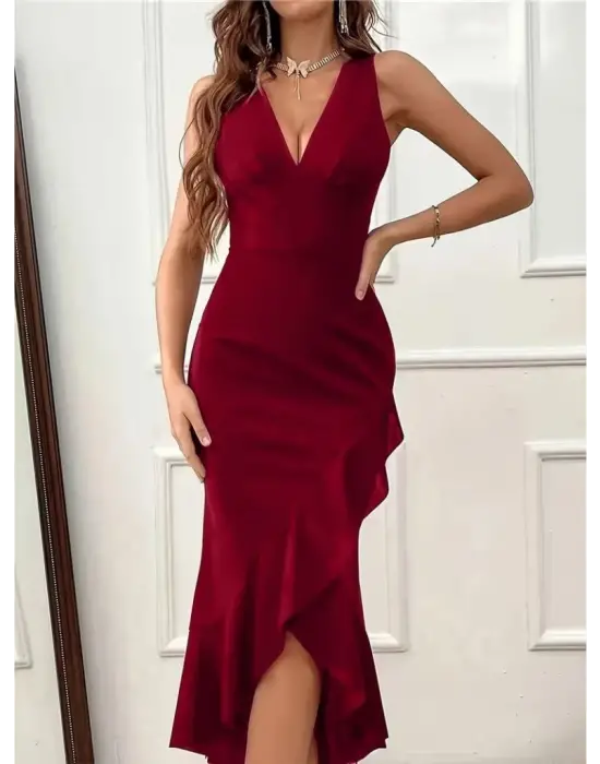 Kadın Askılı Kruvaze Yakalı önden Fırfırlı Uzun Ithal Krep Elbise