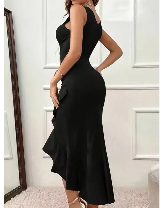 Kadın Askılı Kruvaze Yakalı önden Fırfırlı Uzun Ithal Krep Elbise