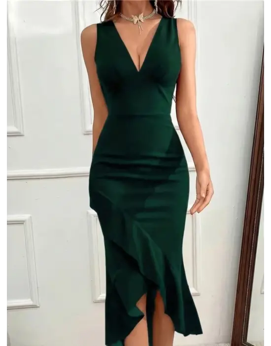 Kadın Askılı Kruvaze Yakalı önden Fırfırlı Uzun Ithal Krep Elbise