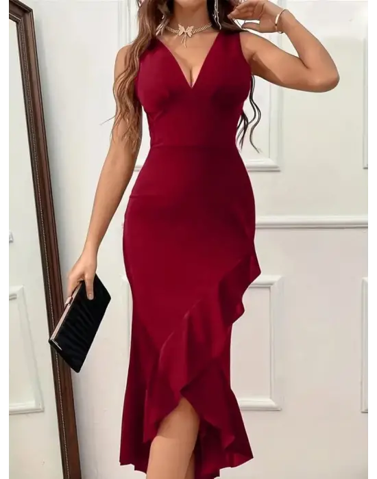 Kadın Askılı Kruvaze Yakalı önden Fırfırlı Uzun Ithal Krep Elbise