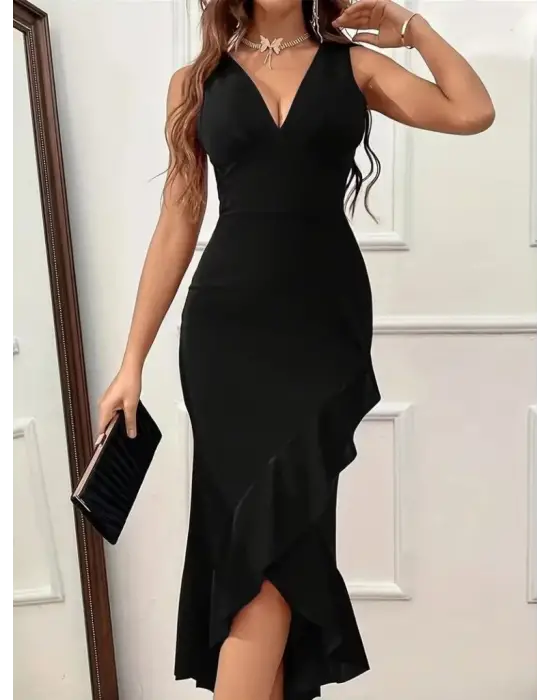 Kadın Askılı Kruvaze Yakalı önden Fırfırlı Uzun Ithal Krep Elbise