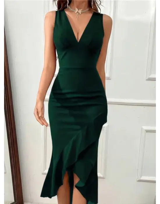 Kadın Askılı Kruvaze Yakalı önden Fırfırlı Uzun Ithal Krep Elbise