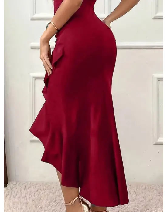 Kadın Askılı Kruvaze Yakalı önden Fırfırlı Uzun Ithal Krep Elbise