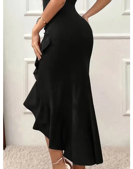 Kadın Askılı Kruvaze Yakalı önden Fırfırlı Uzun Ithal Krep Elbise