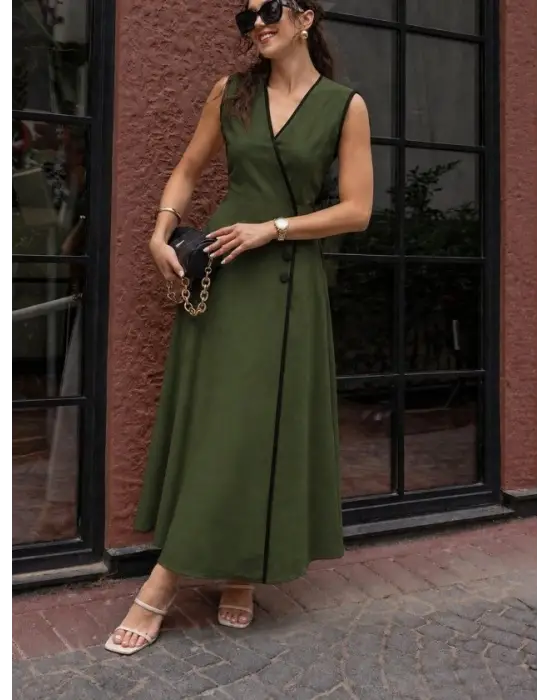 Kadın Askılı Kruvaze Yakalı Yandan Düğmeli Midi Elbise