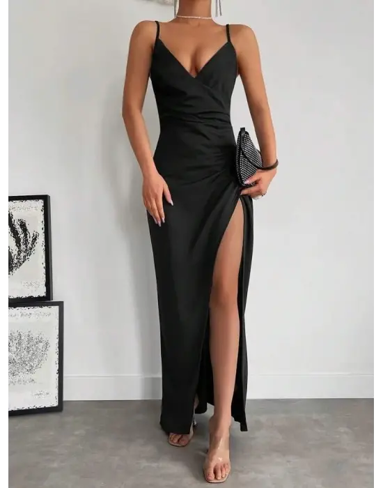 Kadın Askılı Kruvaze Yakalı Yırtmaçlı Krep Elbise