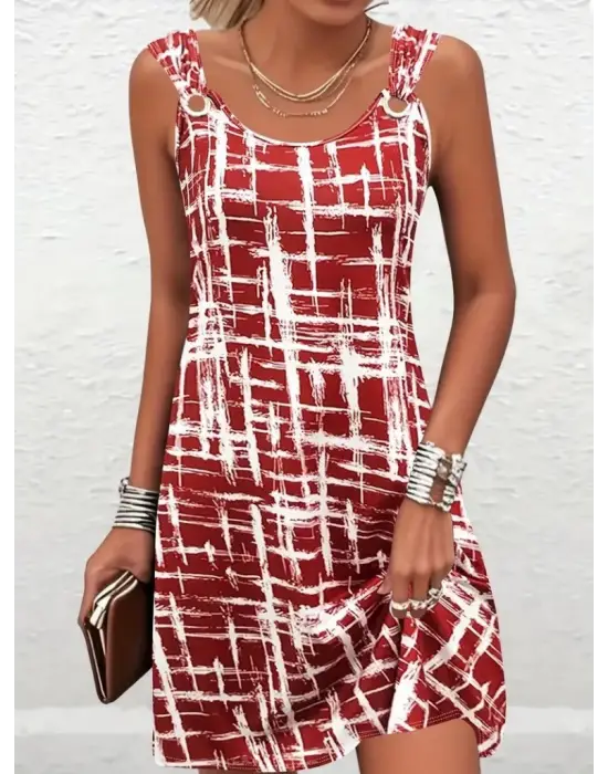 Omarı Şık Askılı Desenli Süprem Elbise