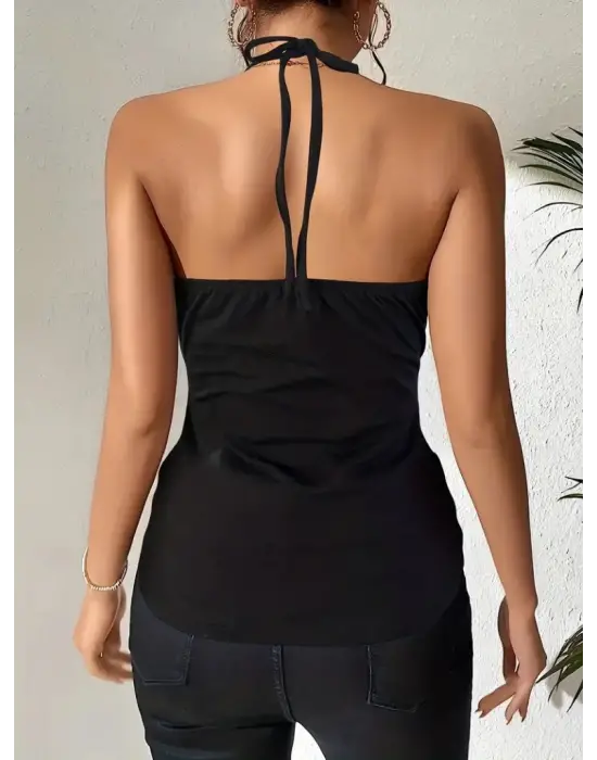 Kadın Askılı Kuş Gözü Ve Dekolte Detay Boyundan Bağlamalı Viskon Bluz