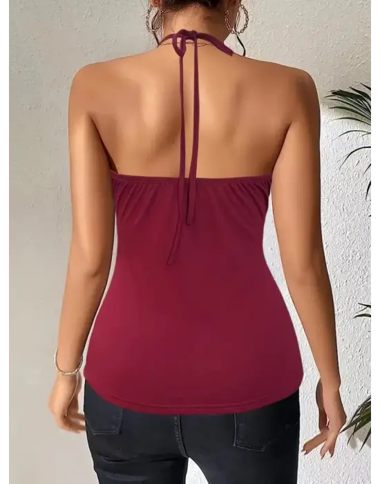 Omarı Dekolte Detaylı Askılı Viskon Bluz