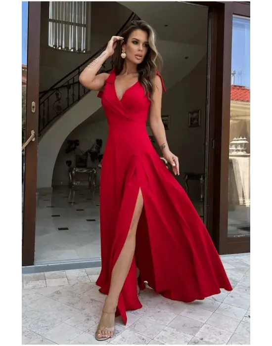 Kadın Askılı Omuzdan Bağlamalı Kruvaze Yakalı Uzun Yırtmaçlı Janjan Krep Elbise