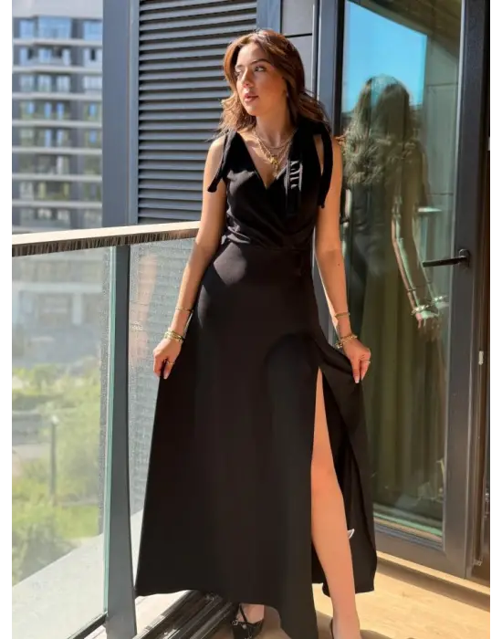 Kadın Askılı Omuzdan Bağlamalı Kruvaze Yakalı Uzun Yırtmaçlı Janjan Krep Elbise