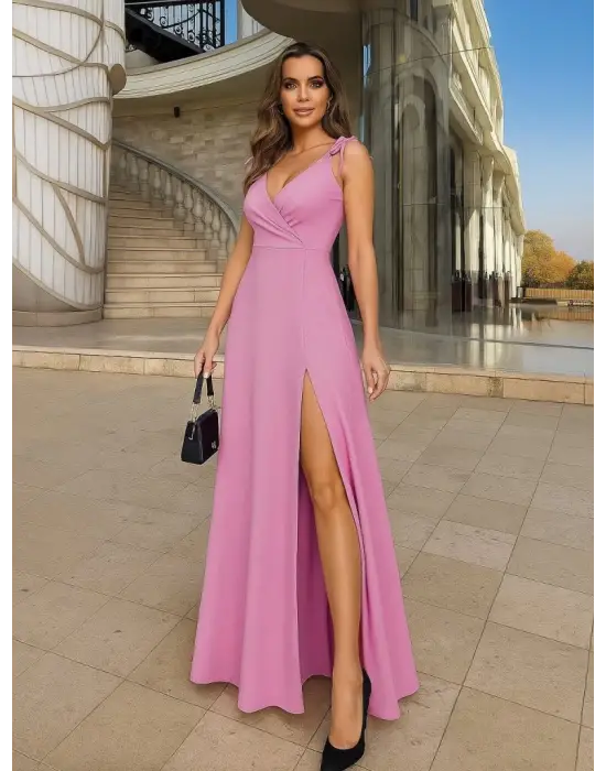 Omarı Şık Kruvaze Yakalı Uzun Yırtmaçlı Elbise