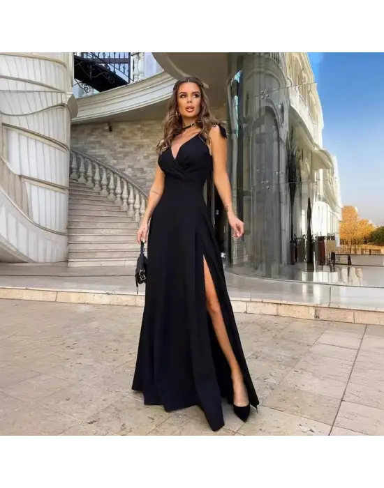 Omarı Şık Omuzdan Bağlamalı Yırtmaçlı Krep Elbise