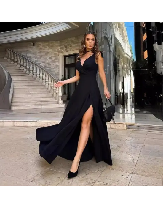 Kadın Askılı Omuzdan Bağlamalı Kruvaze Yakalı Uzun Yırtmaçlı Janjan Krep Elbise