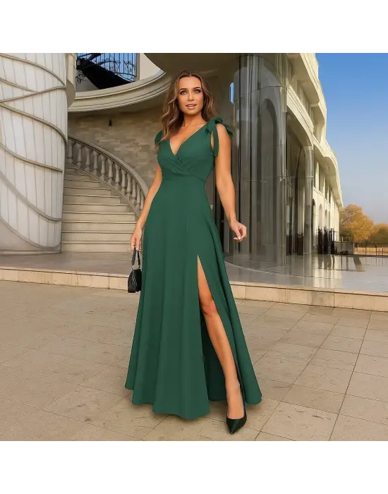 Kadın Askılı Omuzdan Bağlamalı Kruvaze Yakalı Uzun Yırtmaçlı Janjan Krep Elbise