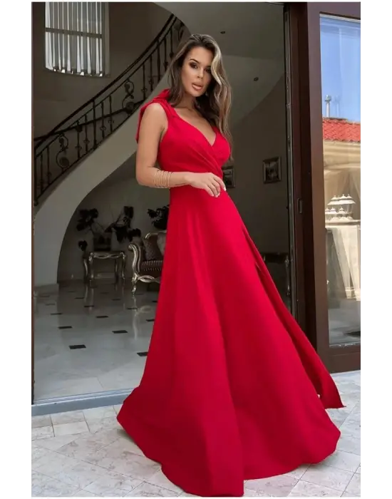 Kadın Askılı Omuzdan Bağlamalı Kruvaze Yakalı Uzun Yırtmaçlı Janjan Krep Elbise