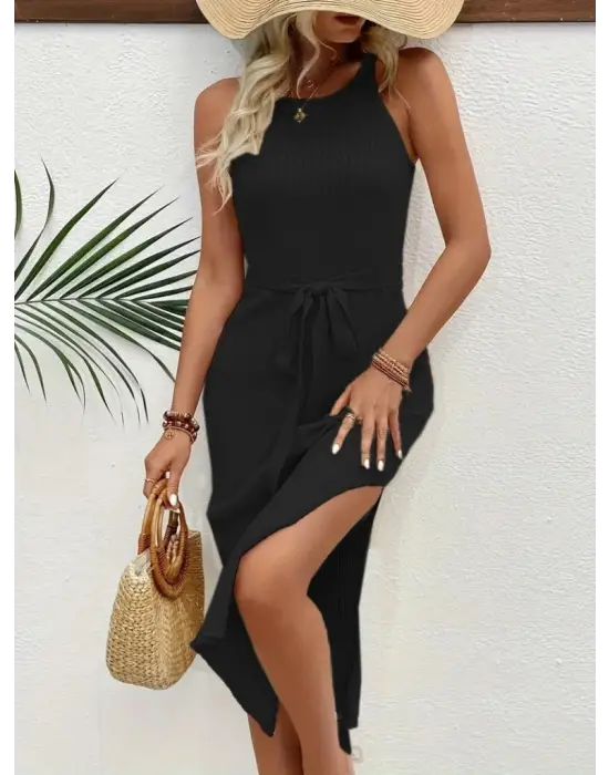 Kadın Askılı Yandan Yırtmaçlı Triko Elbise