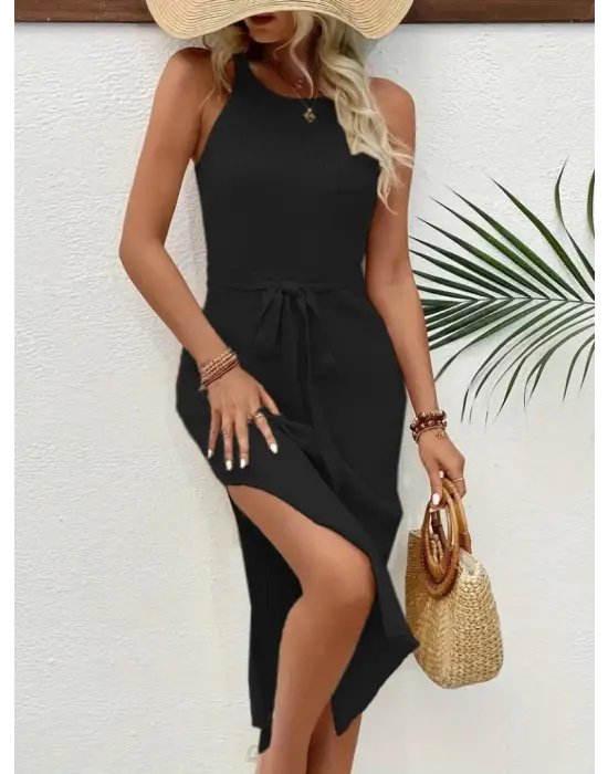 Kadın Askılı Omuzlardan Açık Belden Kuşaklı Yandan Yırtmaçlı Triko Elbise