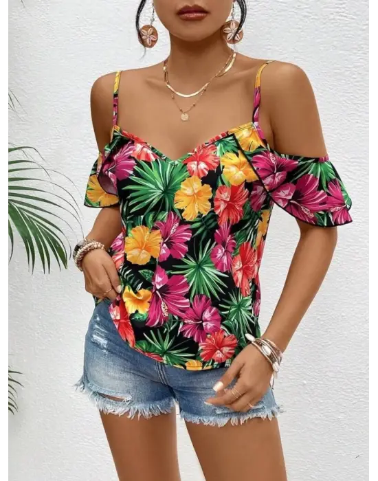 Omarı Çiçek Desenli Kadın Askılı Bluz